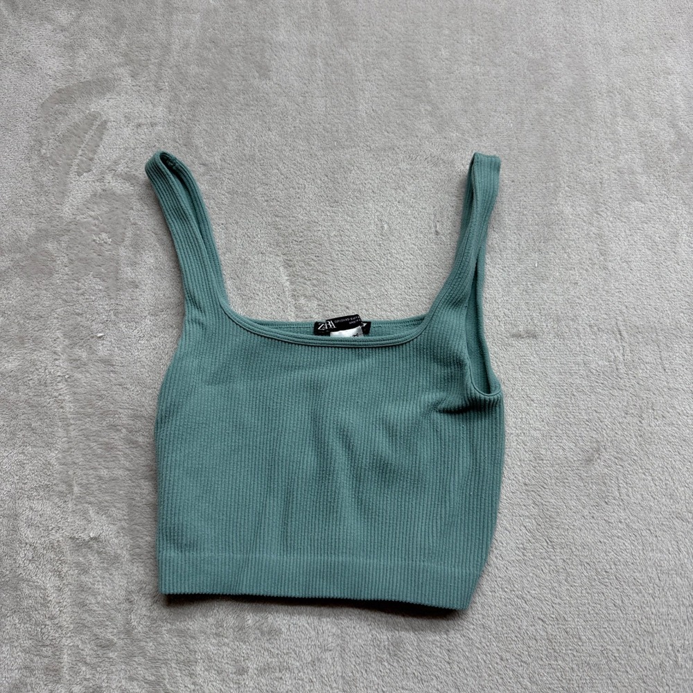 Zara Crop Tank Top Shirt Womens XS-S Teal Green Ribbed Square Neck Seamless Yoga
